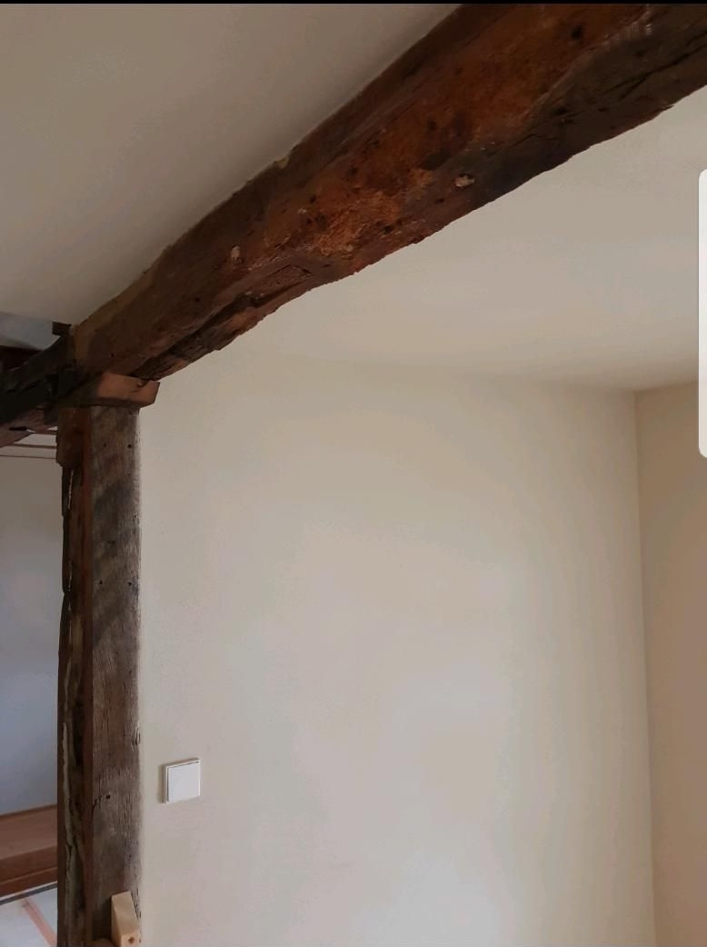 Wand verputzt & Deckenbalken freigelegt und behandelt